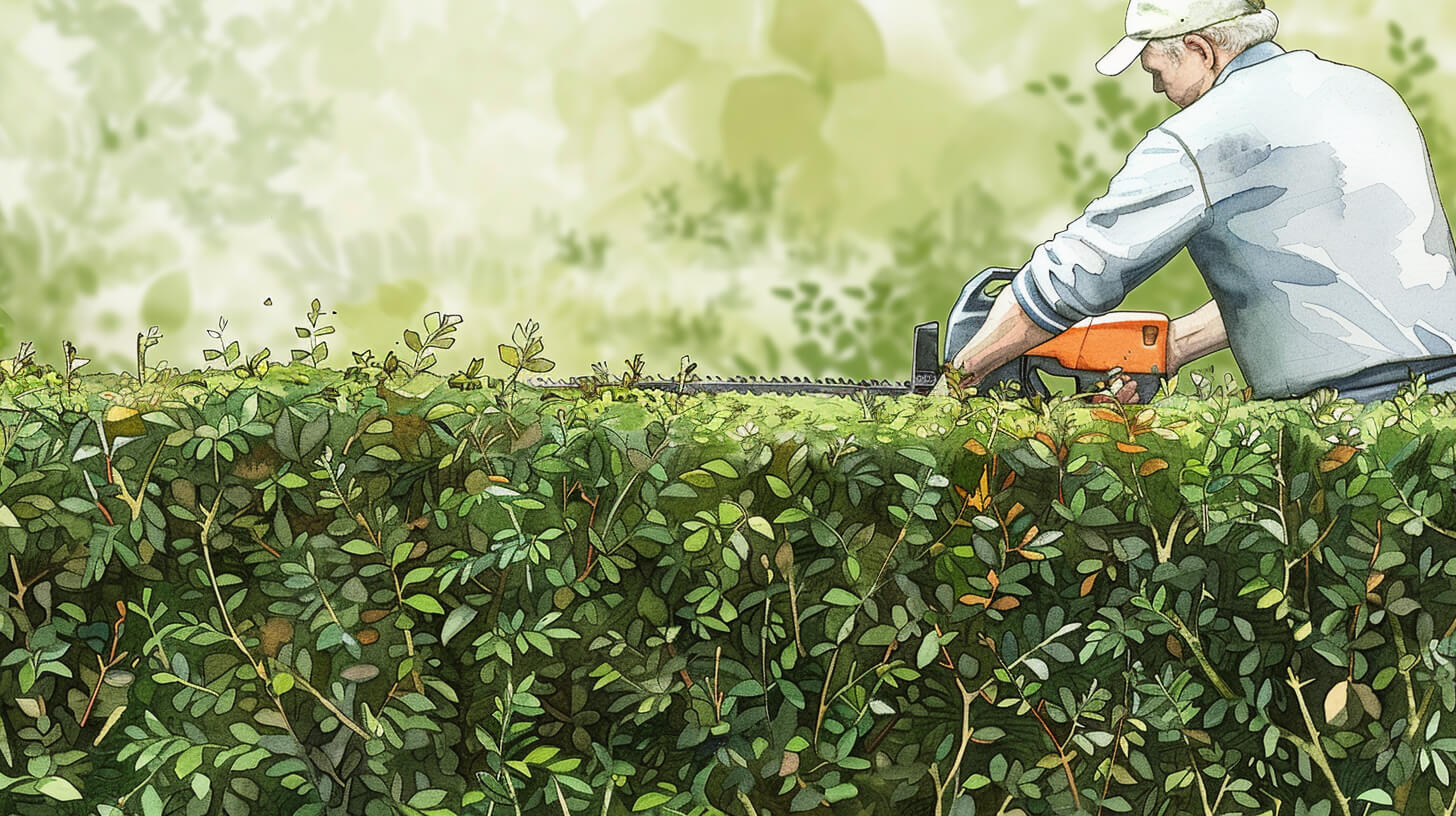 Man met pet snoeit een beukenhaag met een elektrische snoeischaar