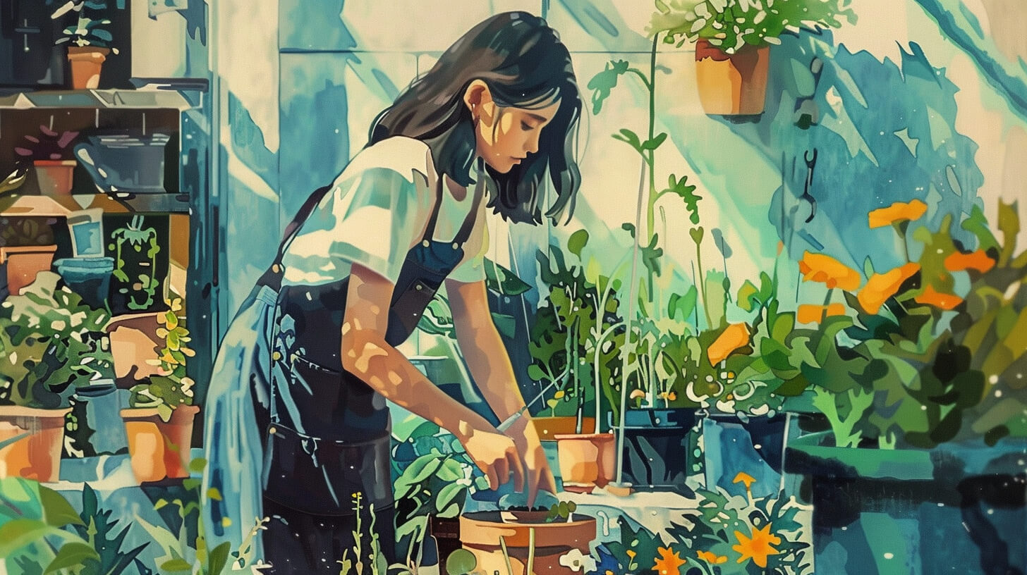 Een vrouw die in de tuin werkt
