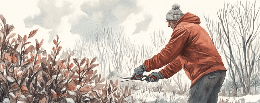 Iemand die zijn heg snoeit in een koude wintermaand